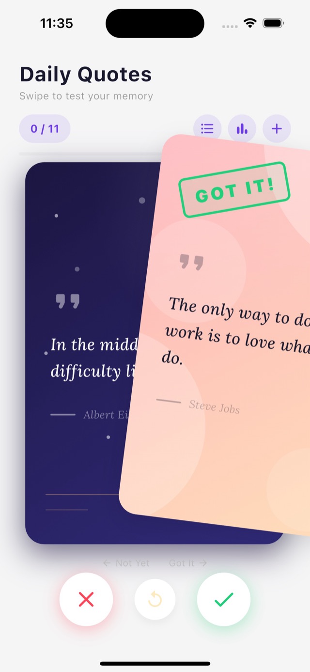 The Memoranda app mid-swipe, showing the app header, progress counter, a quote card sliding right with a green "Got it!" stamp, and the check/undo/skip buttons at the bottom