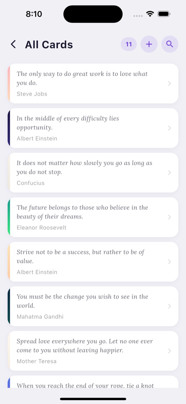 The All Cards screen in Memoranda listing every saved quote with its author, ready to search or edit